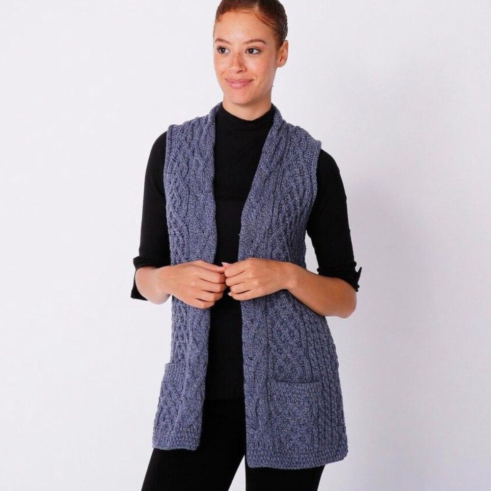 Kilronan Irish Merino Wool Aran Cable Knit Longline Vest Coastal NWOT Size Small